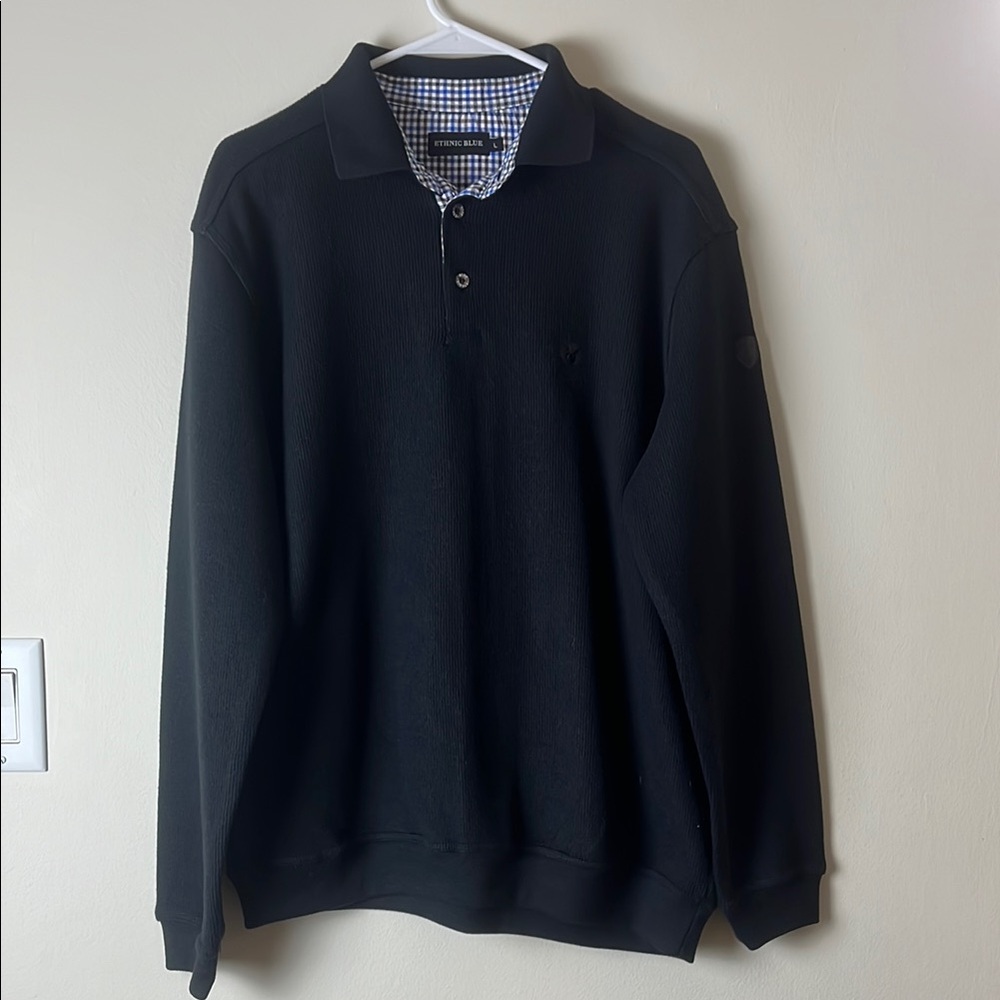 Classic Black Ethnic Blue Long Sleeve Knit Collared Sweater - Size L
